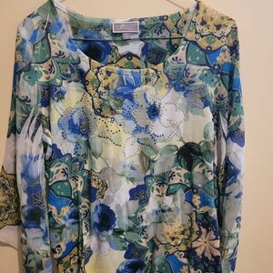 Blue Long Sleeve Floral Blouse